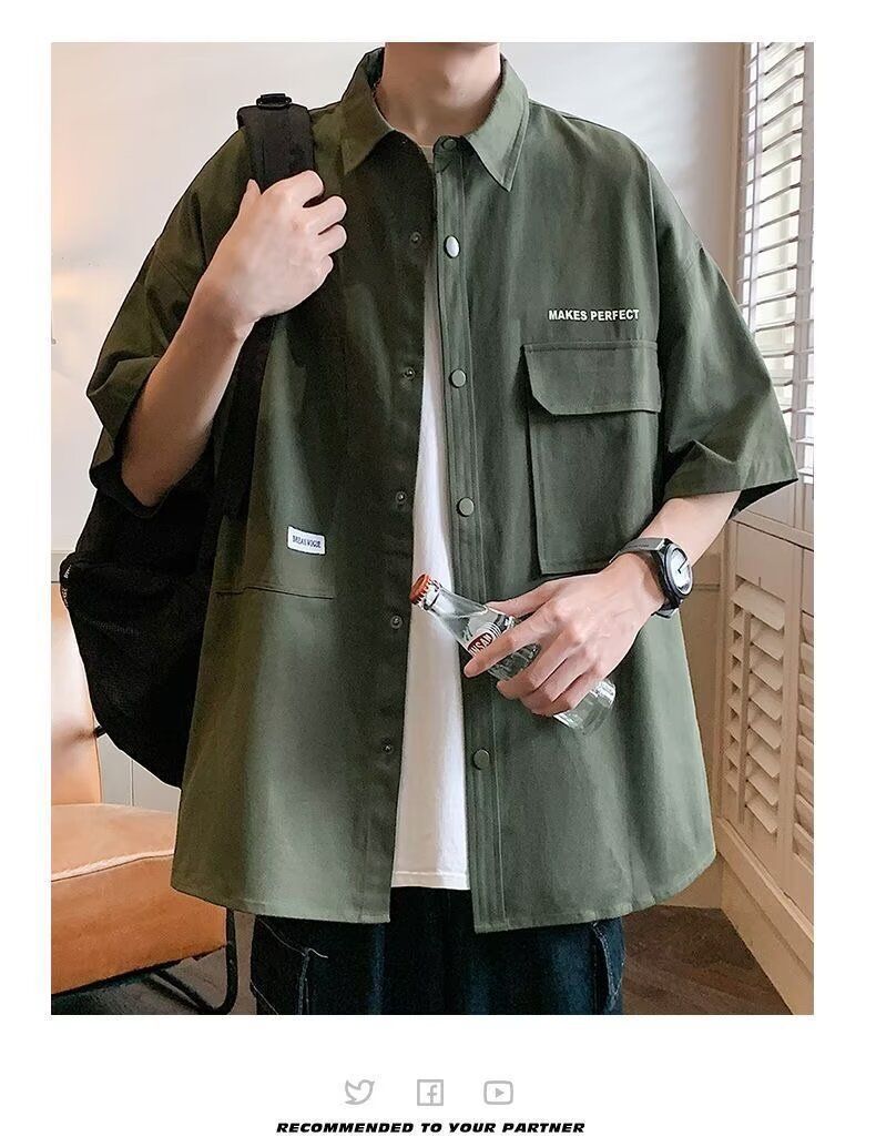Workwear Ice Silk Short Sleeved Shirt Men's 2024 New Style, Cool And Lightweight, Military Green Lined Jacket For Summer_voghion.com