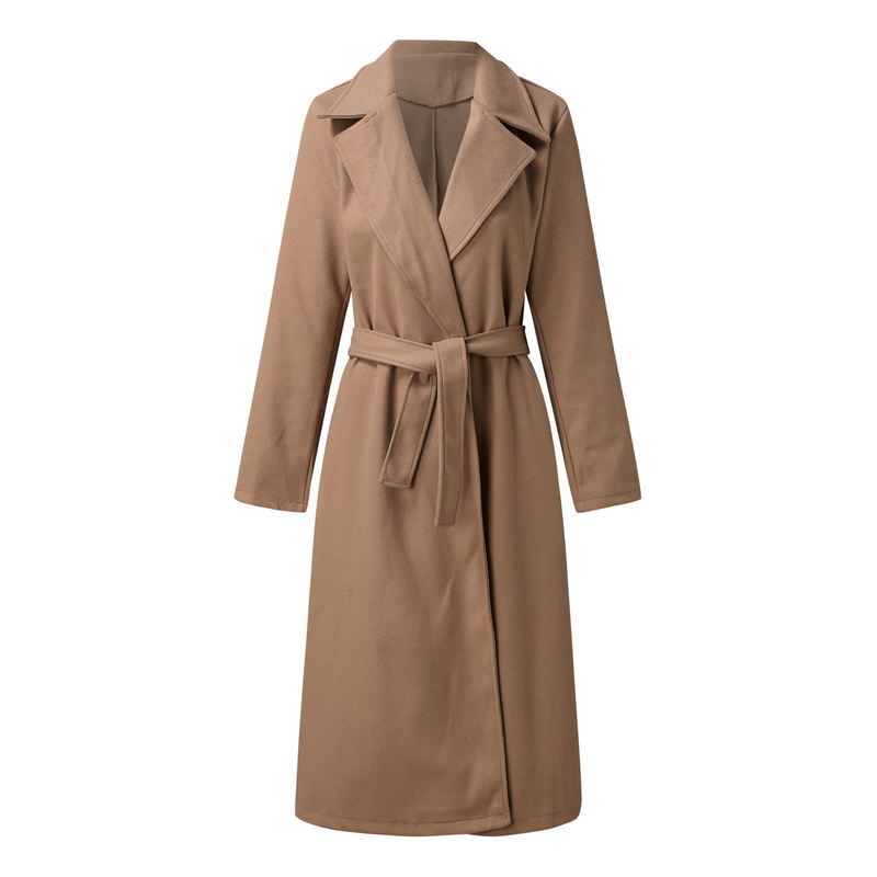 Autumn and winter women's solid color lapel long-sleeved woolen jacket simple strappy windbreaker_voghion.com
