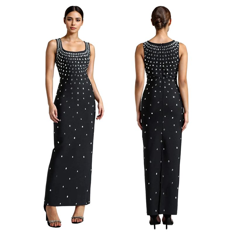 Elegantes, ärmelloses, figurbetontes Kleid mit U-Ausschnitt und 3D-Verzierungen für Damen – hohe Taille, dehnbarer Stoff aus Milchseide, perfekt für den Abend_voghion.com