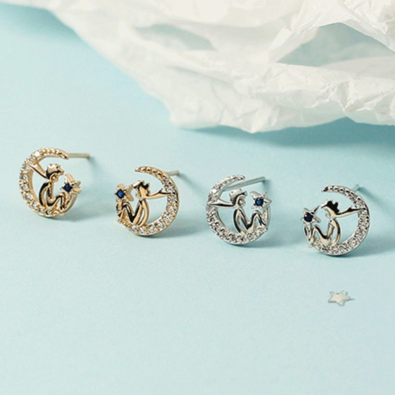 Sier VENUS Sterling Flash Diamant Stern Mond Engel Kleiner Prinz Ohrstecker Weibliche Einfache Ohrringe All-Match-Ringe_voghion.com
