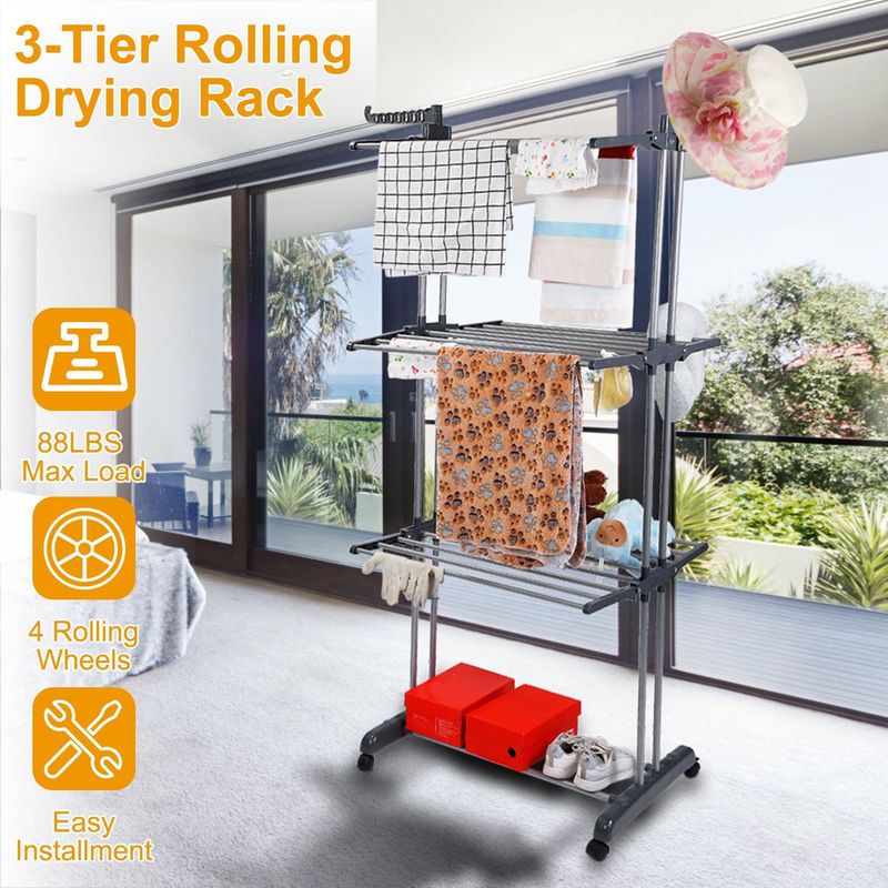 Clothes Drying Rack Rolling Collapsible Laundry Dryer Hanger Stand Rail Shelve Wardrobe Clothing Drying Racks W/ Dual Side Wings_voghion.com