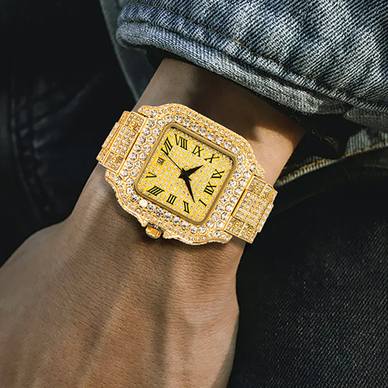 Men's Fashion Square Watch With Full Diamond Accents, Roman Numerals, And Quartz Movement - Waterproof, Stainless Steel Band, Mineral Glass_voghion.com