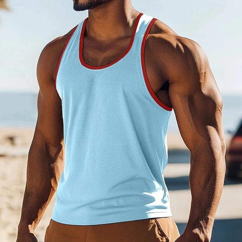 Maglietta estiva da uomo, nuova, retrò, con patchwork a blocchi di colore, senza maniche, casual, ampia, con scollo rotondo_voghion.com
