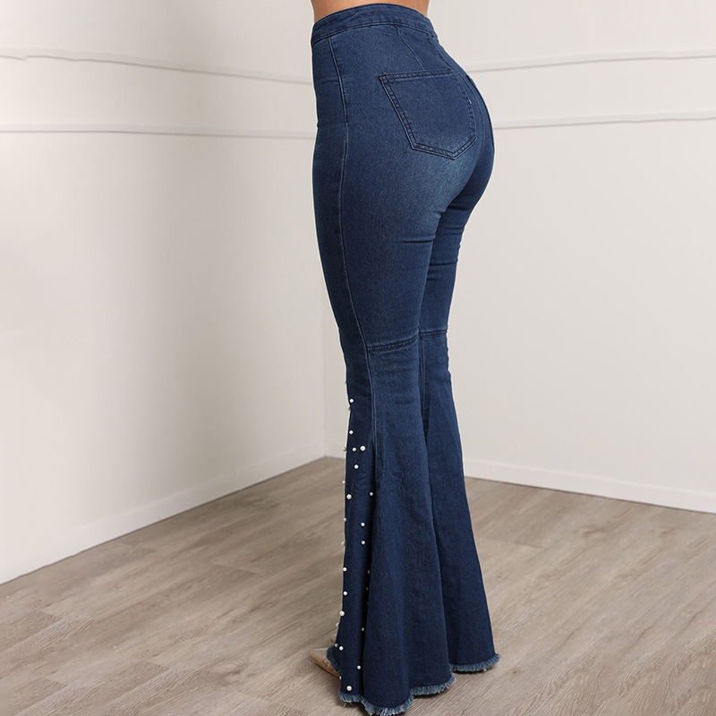 Stretch-casual jeans met uitlopende pijpen en kralen voor dames_voghion.com