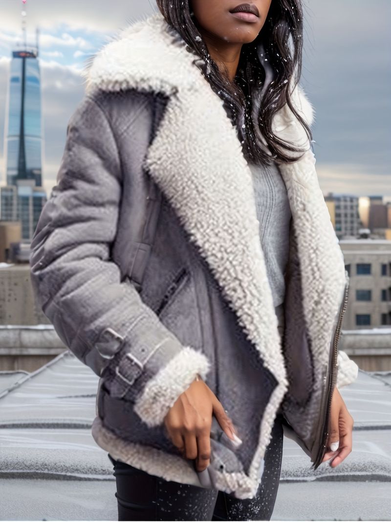 Taglie forti Donna Taglie forti Caldo - Elegante colletto con revers, chiusura frontale con cerniera completa, manica lunga oversize con pelliccia di peluche_voghion.com