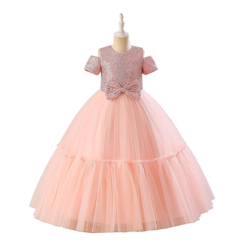 Neues Mädchenkleid für Kinder, Prinzessinnenkleid, feine Glitzerschleife, Netz-Tutu-Kleid, Klavierkleid für Kinder mittleren Alters_voghion.com