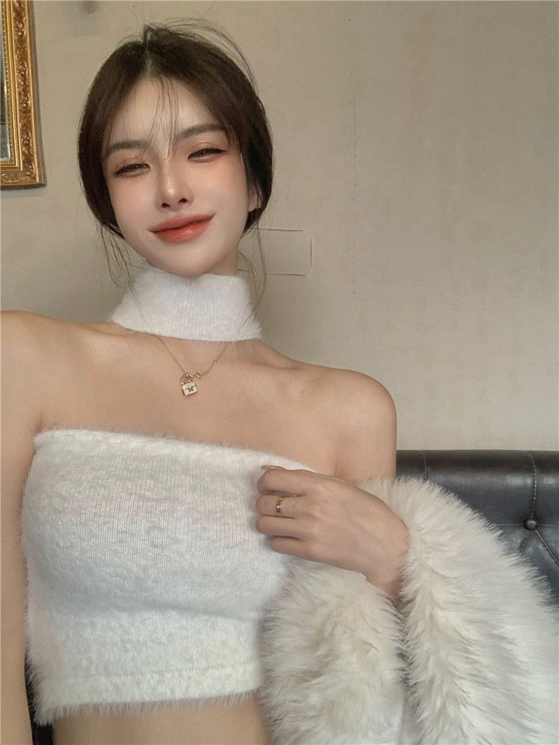 Maglione invernale da donna con bretelline imbottite bianche, interno in pile, top a tubino caldo_voghion.com