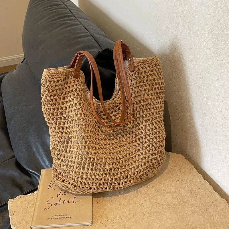 Borsa a mano da donna di grande capacità, in stile pigro, con tracolla singola, in tessuto, per le vacanze al mare, in primavera_voghion.com