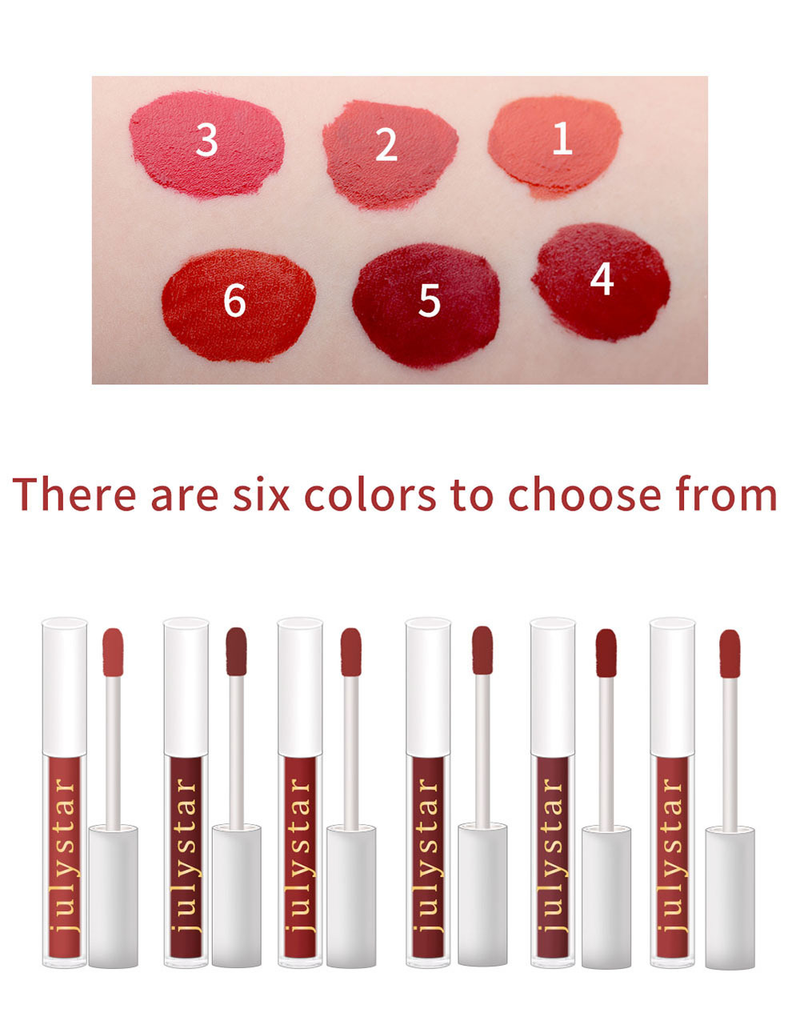 Julystar is niet gemakkelijk te vervagen of te plakken, de cup is vochtinbrengende, matte en lichtgewicht lipglossmake-up_voghion.com