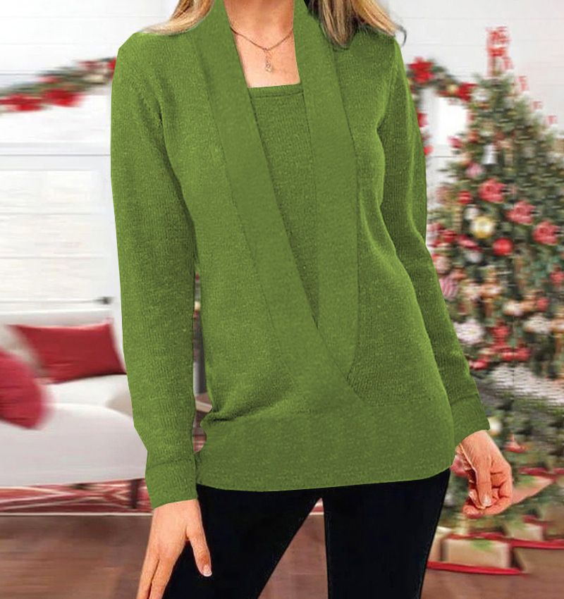 Pull tricoté deux pièces à manches longues et col en V profond pour femme, couleur unie, nouvelle collection automne-hiver 2022_voghion.com