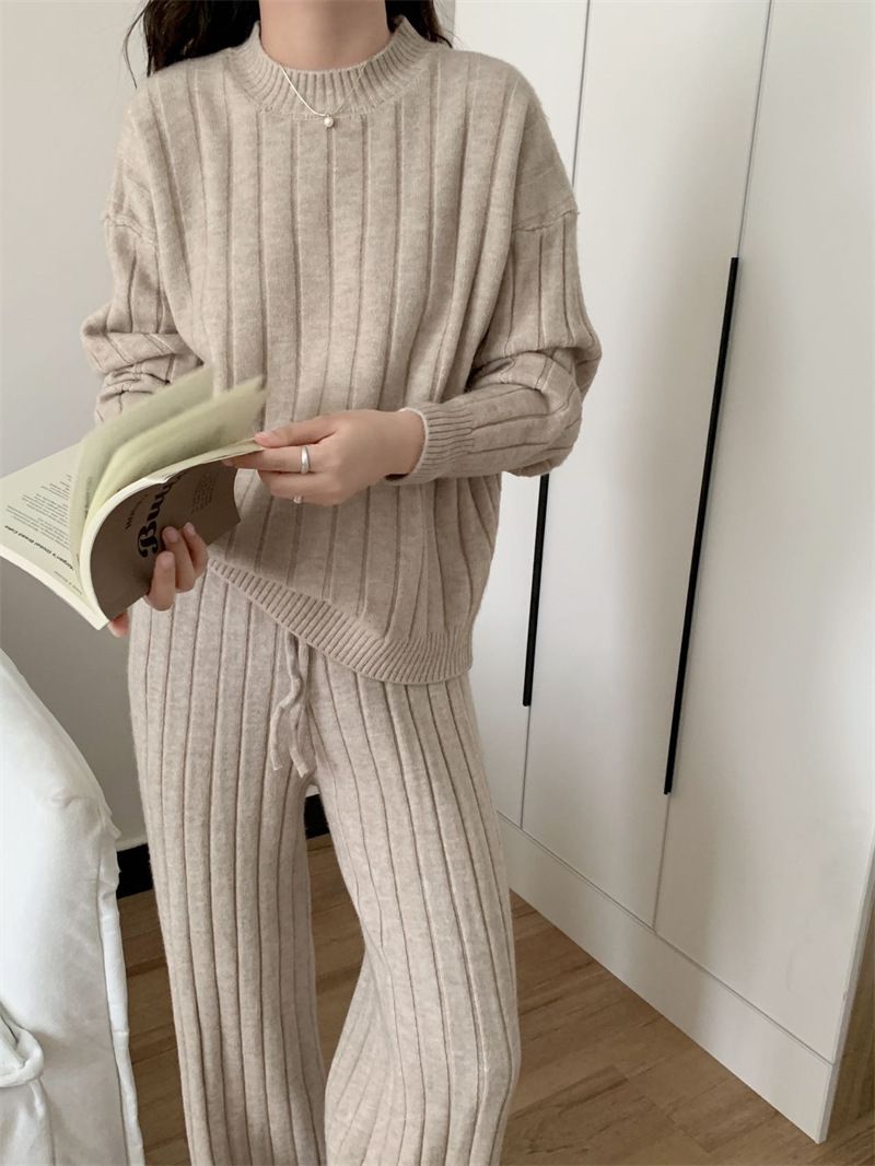 Plus Size Knit Sweater & Wide Leg Pants Set - Soft Ribbed Pullover & Flowy Lounge Trousers, Oversized Comfort Outfit For Women_voghion.com