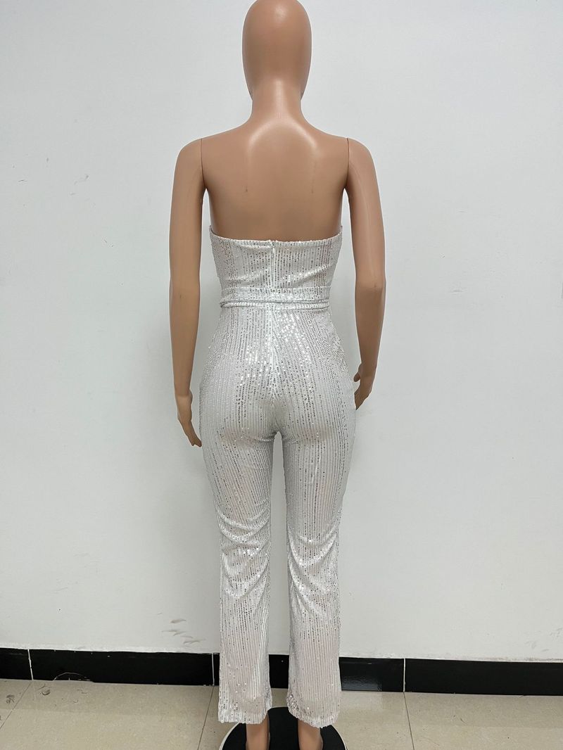 Dametøj Ærmeløs pailletterbæltejumpsuit ensfarvet tubetop rygløs jumpsuit_voghion.com