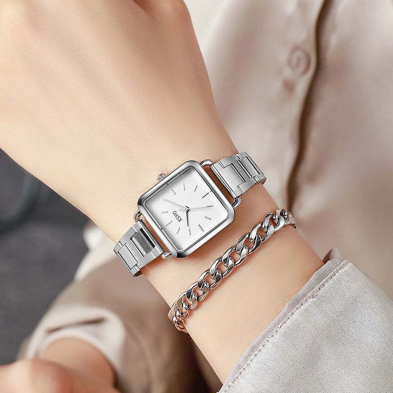 New Women's Fashion Silver Small Square Simple Steel Band Quartz Watch + Chain Set_voghion.com