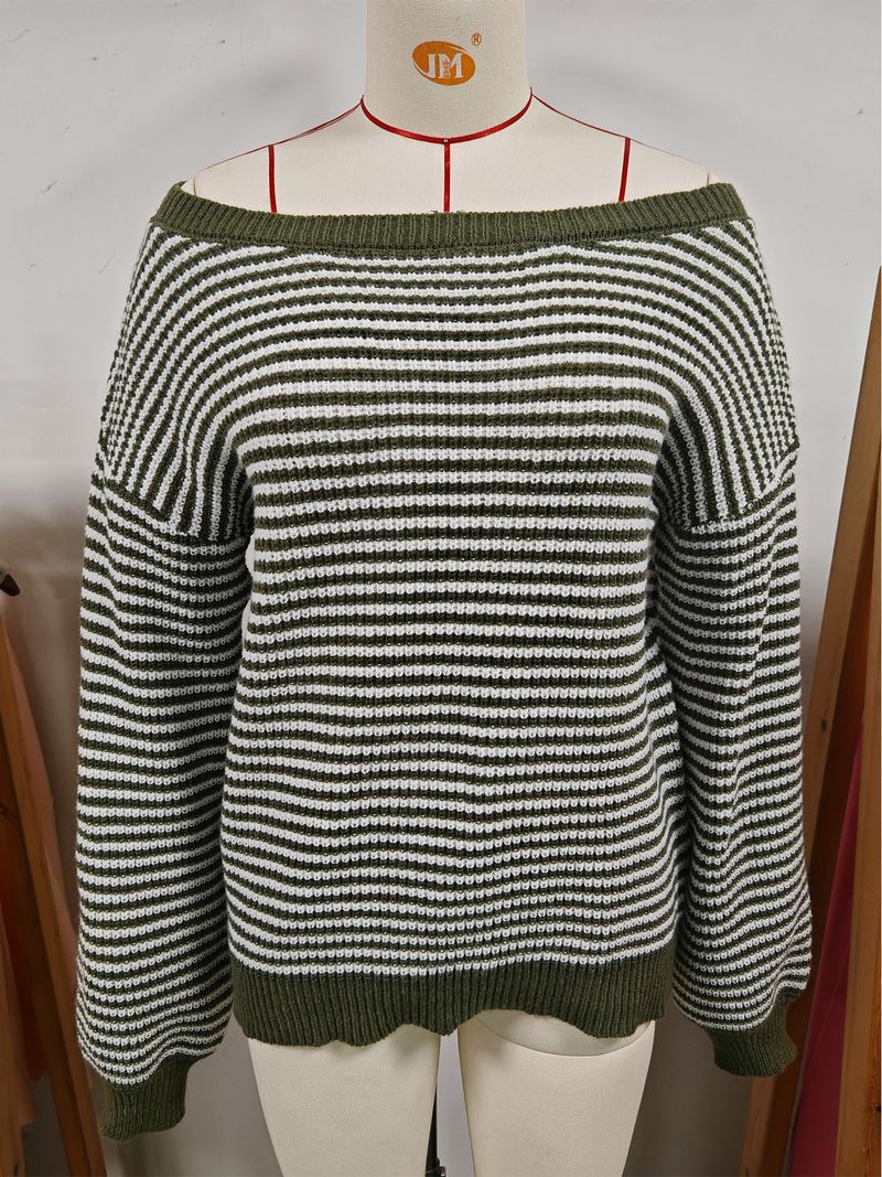 Maglione da donna in maglia con spalle scoperte, righe a blocchi di colore e maniche a lanterna – Vestibilità comoda e ampia per autunno e inverno_voghion.com