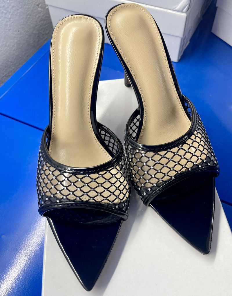 Women's high sense sheepskin black mesh rhinobason high heel slippers thin pointed open-toe heels_voghion.com