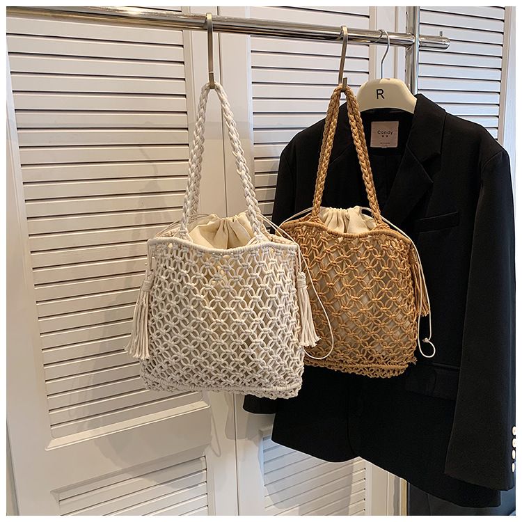 Vintage handgeweven strozak met franjes - Boheemse strandtas van netstof voor de zomervakantie, stijlvolle macramé schoudertas voor dames_voghion.com