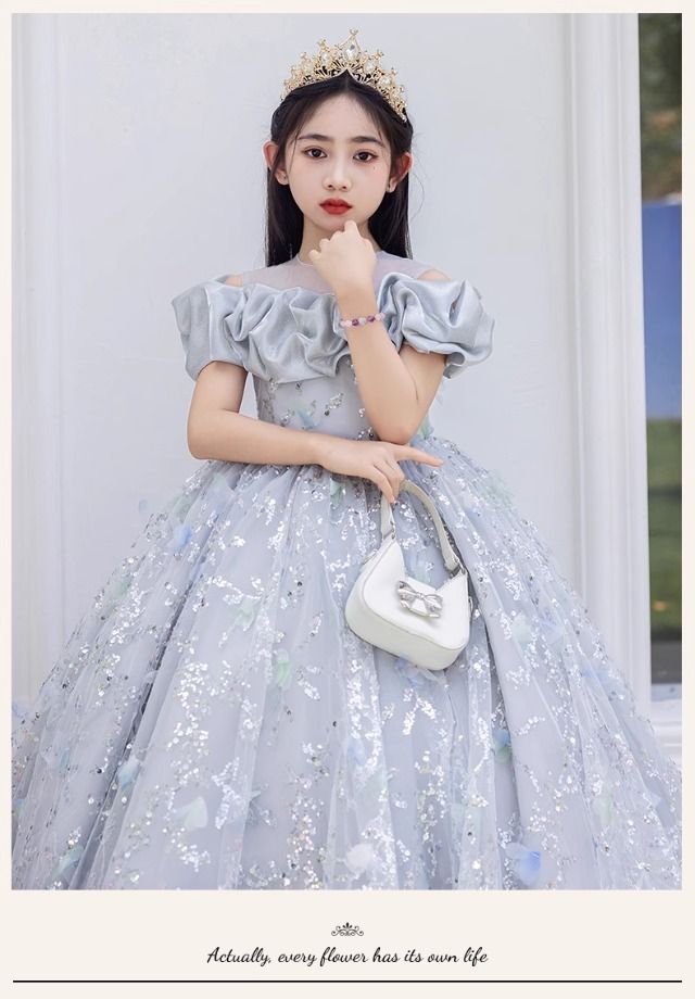 Abito da sera grigio argento per bambina - Elegante abito da principessa per compleanni e occasioni speciali_voghion.com