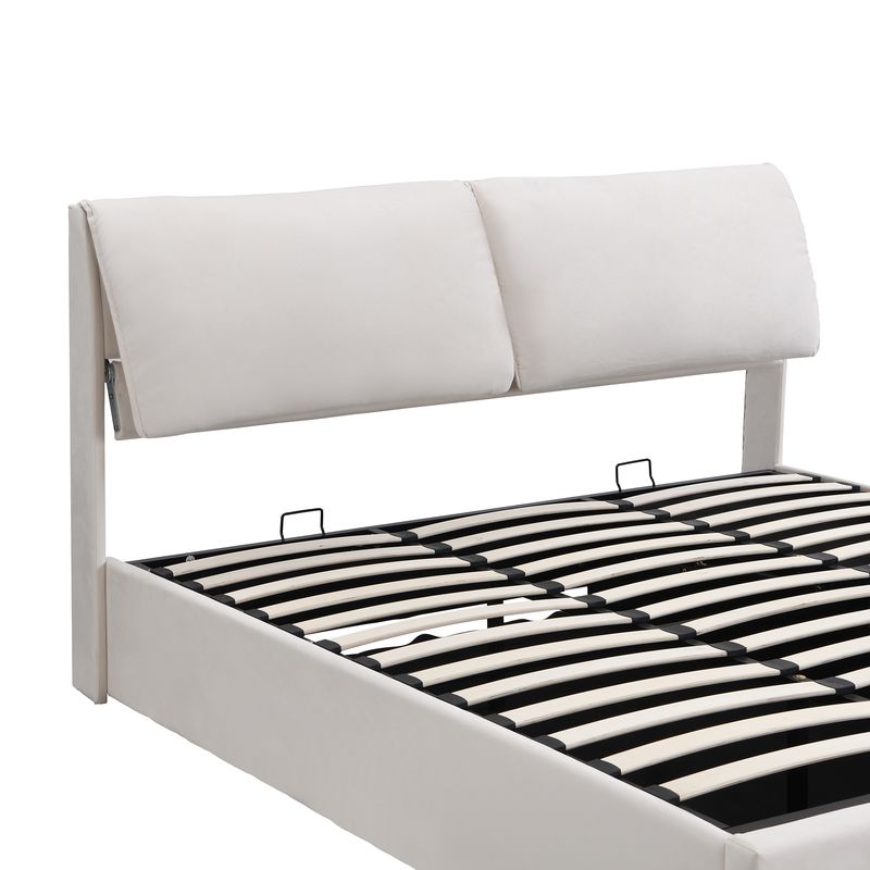 Cadre de lit coffre hydraulique rembourré en velours avec 3 tiroirs, sommier à lattes, beige, 180 x 200 cm, matelas non inclus_voghion.com