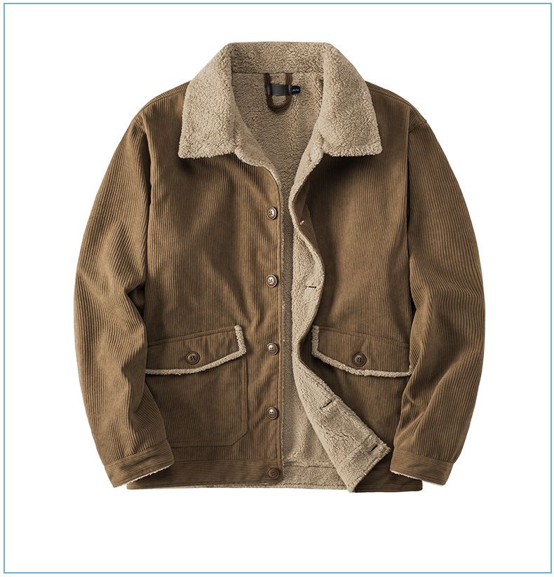 "Herrenjacke aus Cord und Lammfell mit Revers – Plüschiger, dicker Mantel in großer Größe (Schwarz/Grün/Hellbraun, S-XXL)"_voghion.com