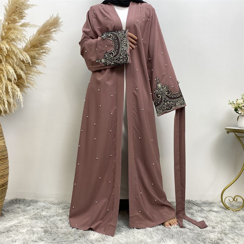Heißer Verkauf Offene Abaya Frauen Kleidung Spitze Mit Perlen Design Muslimischen Mode Kimono Lange Kaftan Islamischen Dubai Kleider Für Frauen_voghion.com