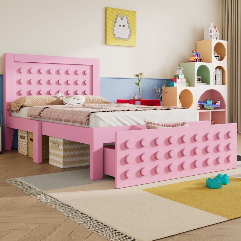 Holzbett 90x190cm Mit Blockdesign, Massivholz, Schubladen, Stauraum, Rosa_voghion.com