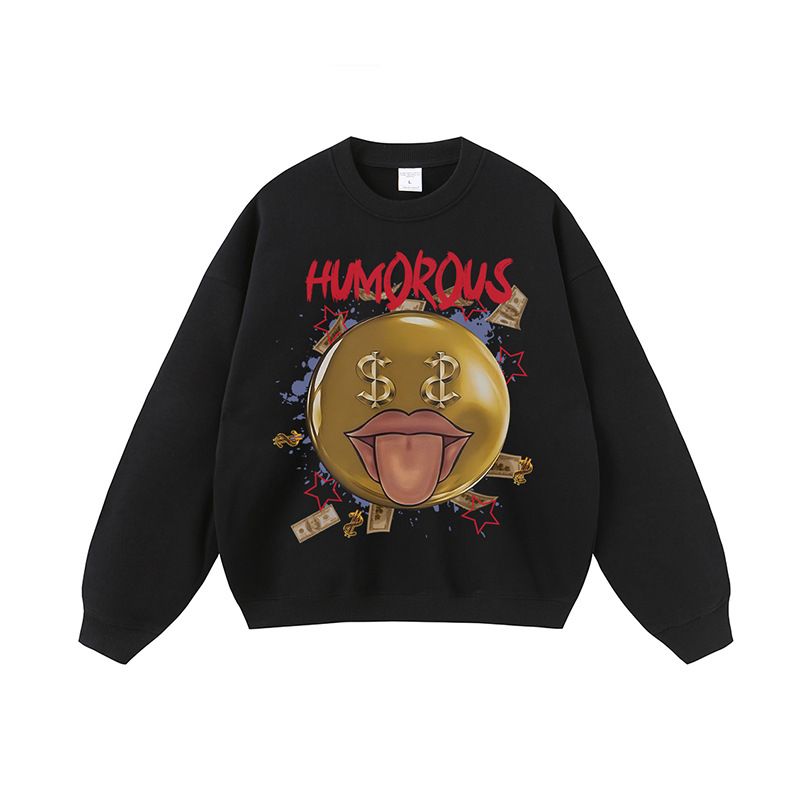 Pavasarį ir vasarą nauji madingi besišypsančio veido rašto vyriški amerikietiško hiphopo universalūs medvilniniai laisvalaikio marškinėliai ilgomis rankovėmis._voghion.com