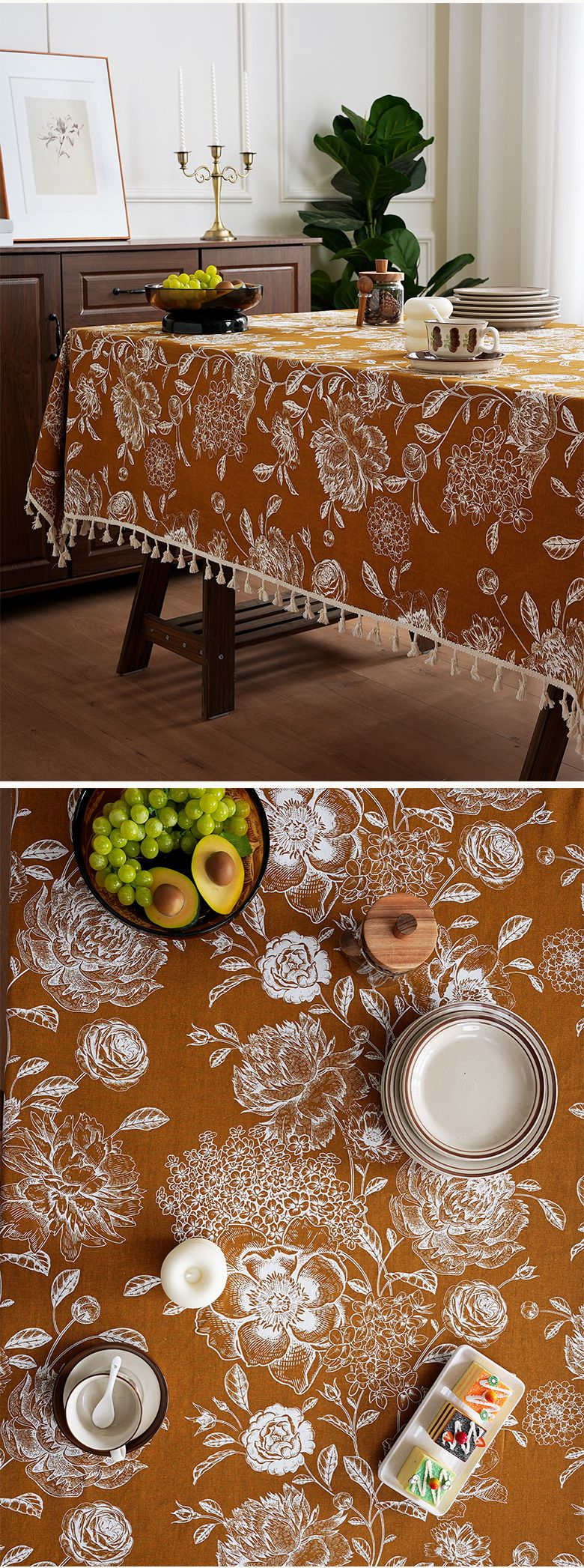 Vintage Floral Tablecloth – Luxe Polyester Rectangular Table Cover For Dining, Coffee, Tea Party – 150x100cm To 150x300cm – Warm Brown & Navy Blue_voghion.com
