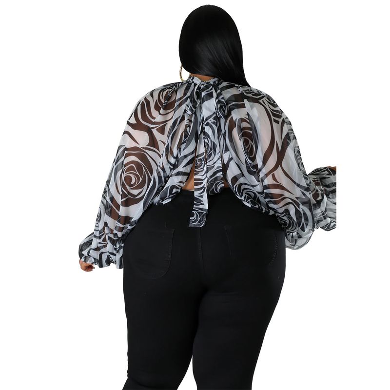 Damen-Oberteil in Übergröße, Übergröße, Damenbekleidung, Rundhalsausschnitt, offener Rücken, Chiffon-Schnüroberteil für Damen_voghion.com