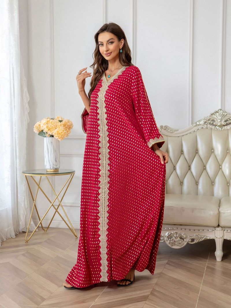 Damenkleid, muslimisches Gewand, Goldprägung, einfaches, schmales Spitzenkleid_voghion.com
