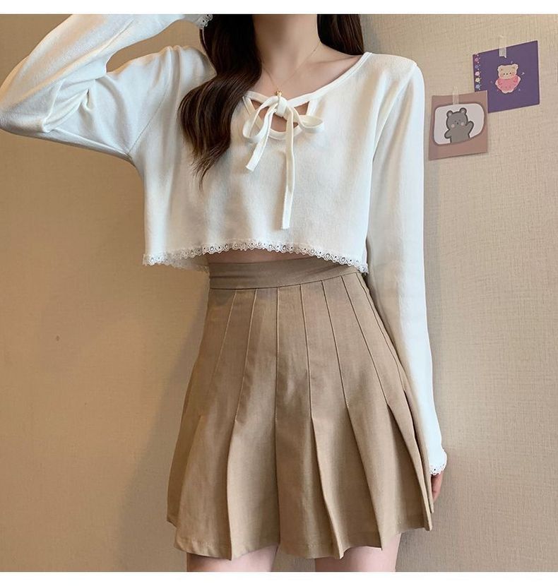 Elegant and lace V-neck long sleeved t-shirt for women, 2024 autumn new collection with strap design, niche slim fit top_voghion.com