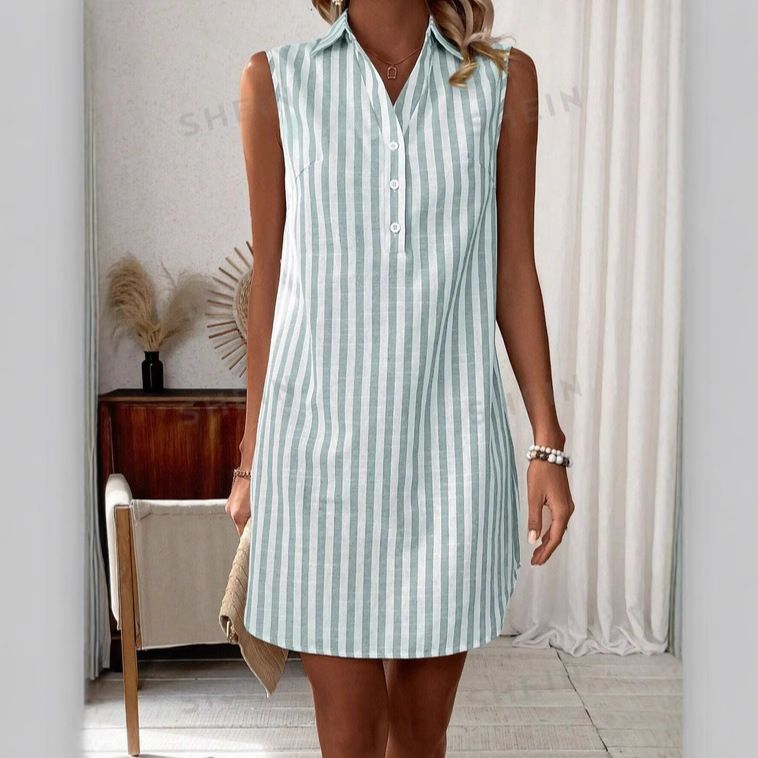 Abito camicia a righe con bottoni e scollo a V, senza maniche, minimalista, per donne alla moda e casual._voghion.com