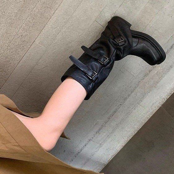 ShoeGlobe Cowhide Version~ Retro Thick-Soled Tube For Women 2025 New Niche Design Wrinkled Pile Long Boots_voghion.com