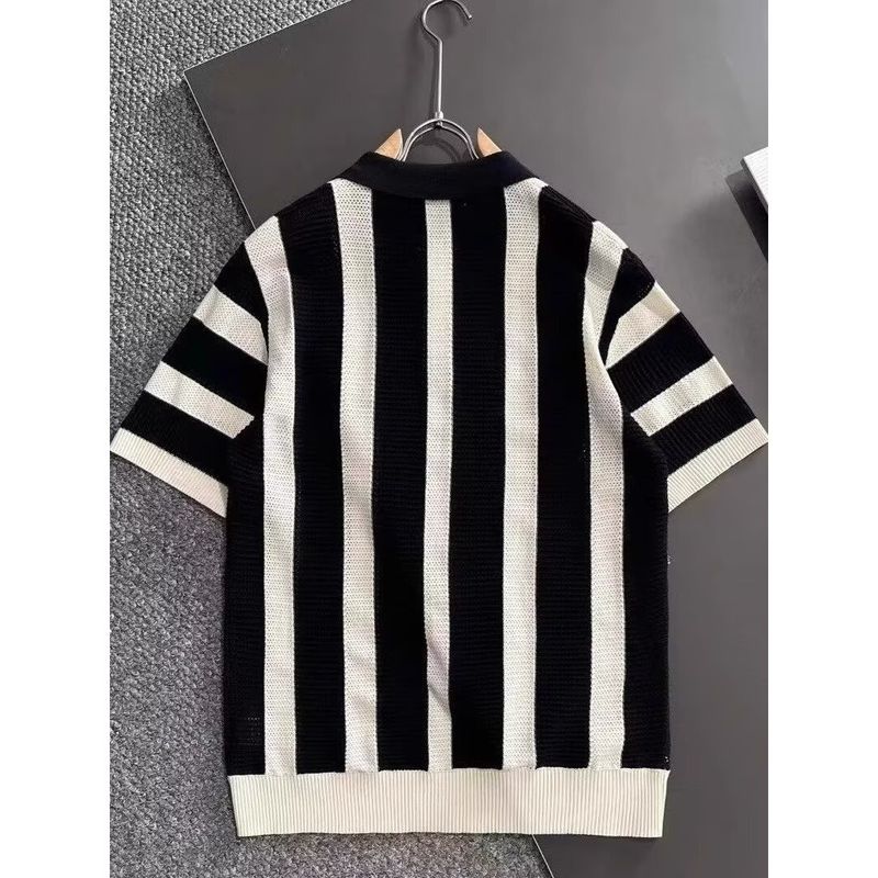 Maglietta a maniche corte a righe in maglia con risvolto a contrasto di colore, traspirante, alla moda e coordinabile._voghion.com