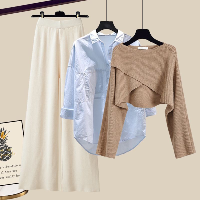 Women’s Clothing Fashion autumn suit women sweater women new large size women's shirt wide leg pants three piece knitted slim_voghion.com