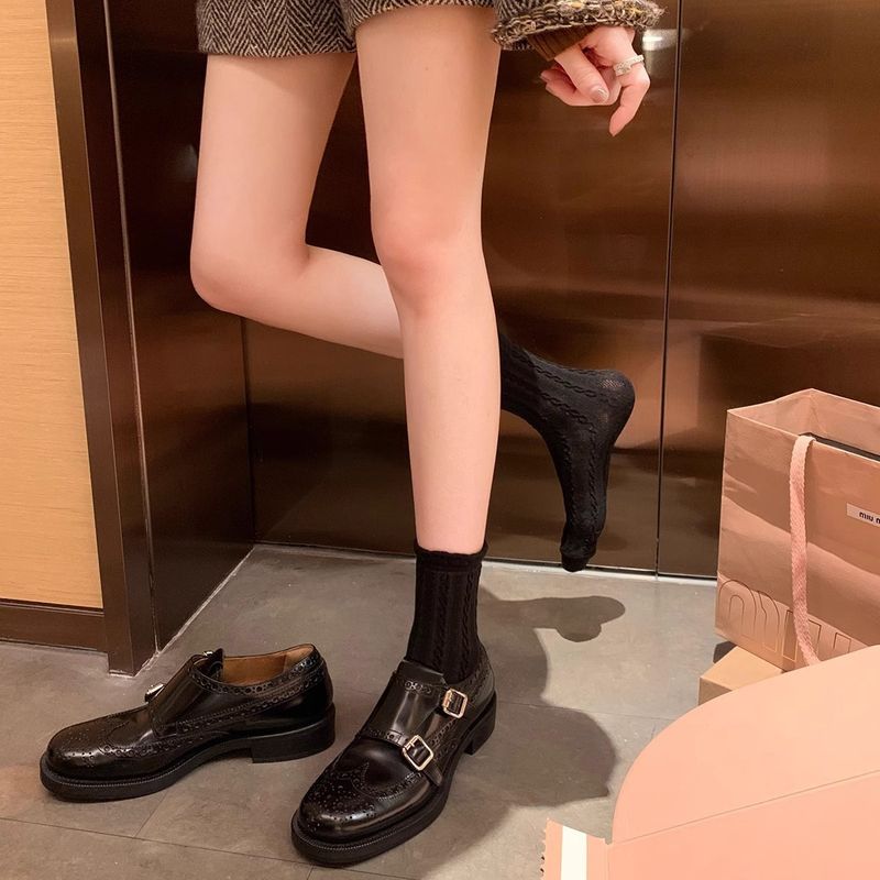 Instant Dispatch Grape Mom Same British Style Exquisite Carved Baroque Single Shoes Chunky Heel Loafers_voghion.com