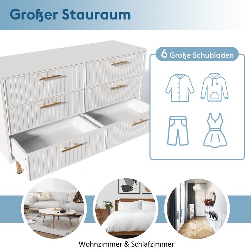 Commode 6 tiroirs, meuble haut blanc pour chambre et salon, 75 x 120 x 40 cm_voghion.com