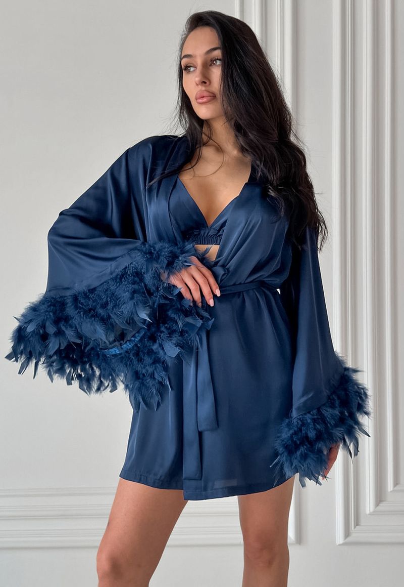 Women's Sleepwears New Underwear Shorts Nightgown Three Piece Set Silk Home Clothes Spring Satin Feather Pajamas_voghion.com