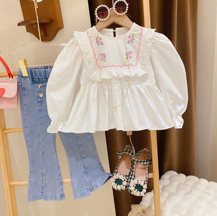 Abbigliamento per bambini Ragazze Colletto in pizzo ricamato Maniche a tromba Maglietta per neonati Jeans con spacchi Set due pezzi_voghion.com