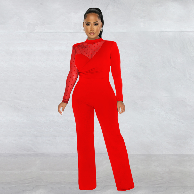 Women's Clothing fashion women's polka dot mesh see-through long-sleeved trousers solid color jumpsuit_voghion.com