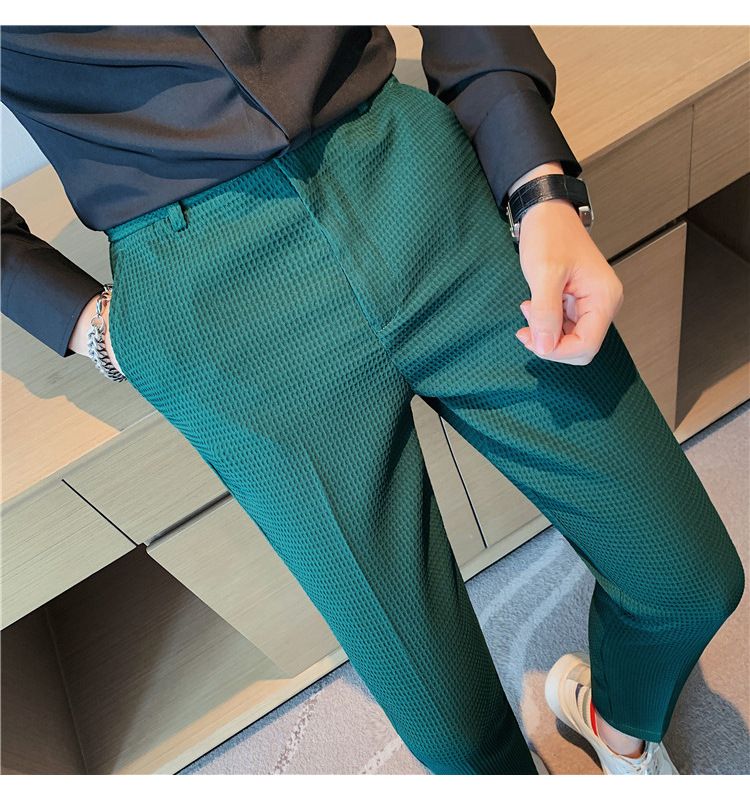 Men's Clothing Style Light Mature Men's Casual Waffle Trousers Waist Elastic Trousers Youth Skinny Trousers_voghion.com