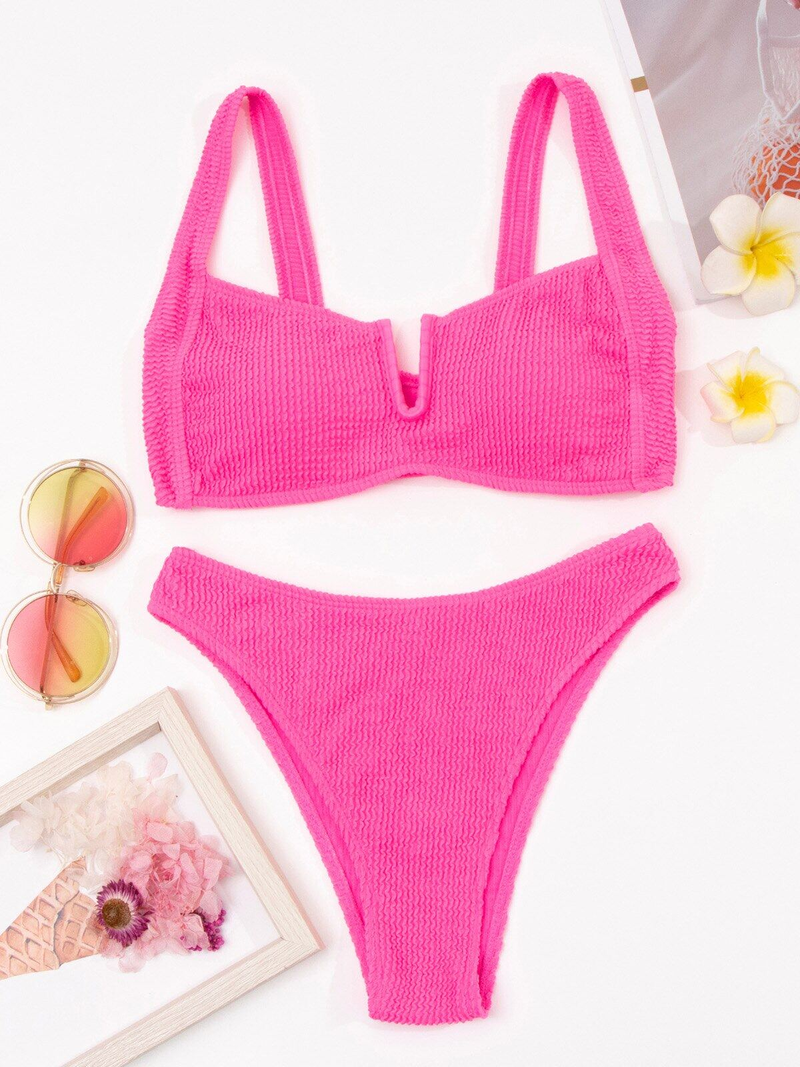 Happybuyner Set bikini da donna a due pezzi tinta unita con reggicalze push up imbottito e costume da bagno perizoma a vita alta_voghion.com