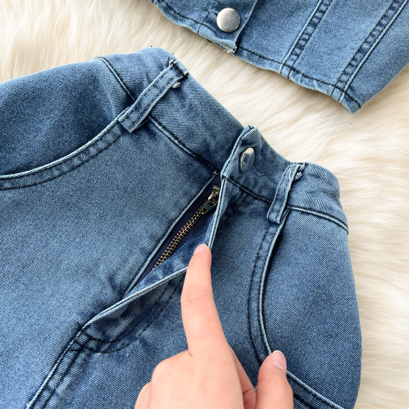 Kvinders jakkesæt i retro-feriestil i Hong Kong-stil sexet kort rørtop + højtaljet split denim-nederdel i todelt jakkesæt_voghion.com