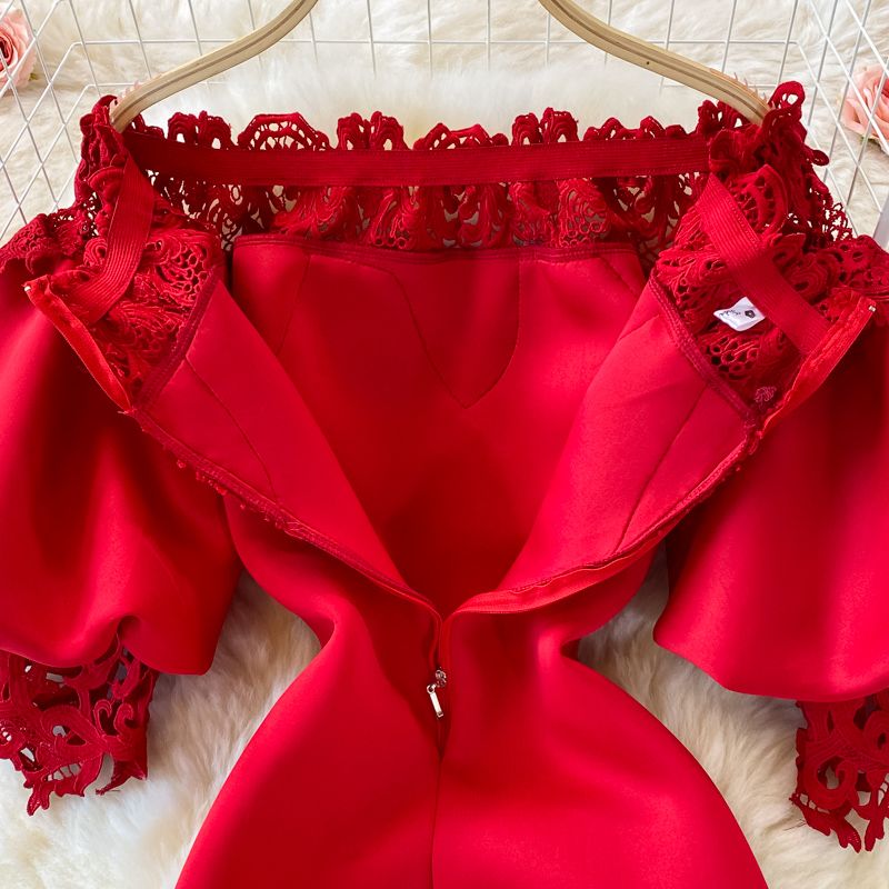 Îmbrăcăminte pentru femei Umăr retro lanternă rochie expusă rochie cu talie fustă înfășurată rochie cu o mânecă rochie rochie roșie antică cu guler cu fustă lungă_voghion.com