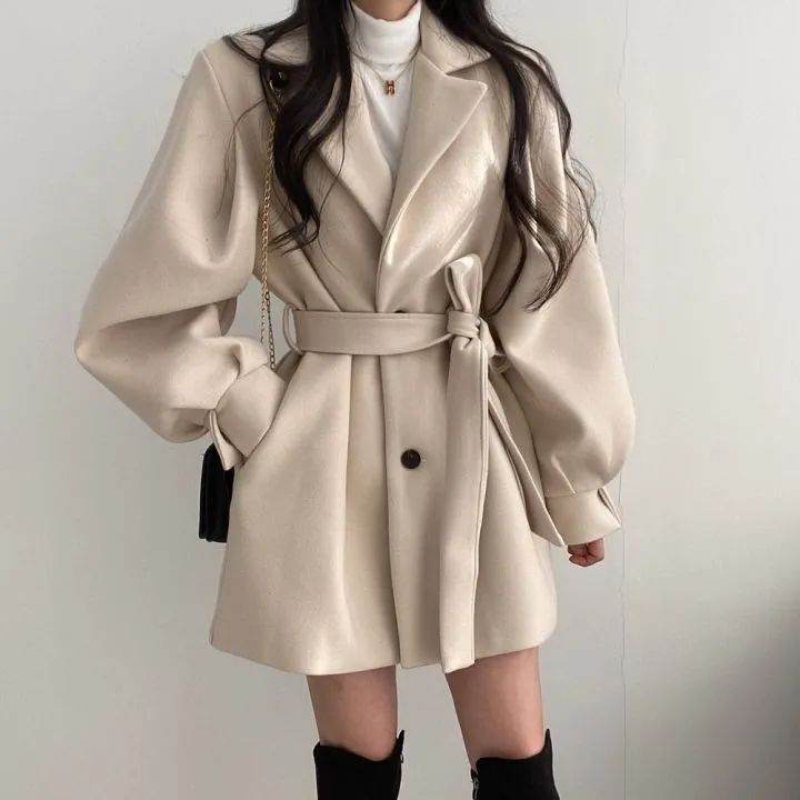 Women's Chic Oversized Wool Coat With Notched Lapel - Mid-Length Trench Coat For Petite & Tall - Fall Winter Fashion Blazer Jacket In Black & Beige_voghion.com