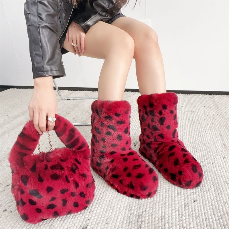 Faux Rabbit Fur Snow Boots For Women, Hot Girl Style Short Boots, Leopard Print Faux Fur Punk Y2k Trendy Cool Style Shoe And Bag Set_voghion.com