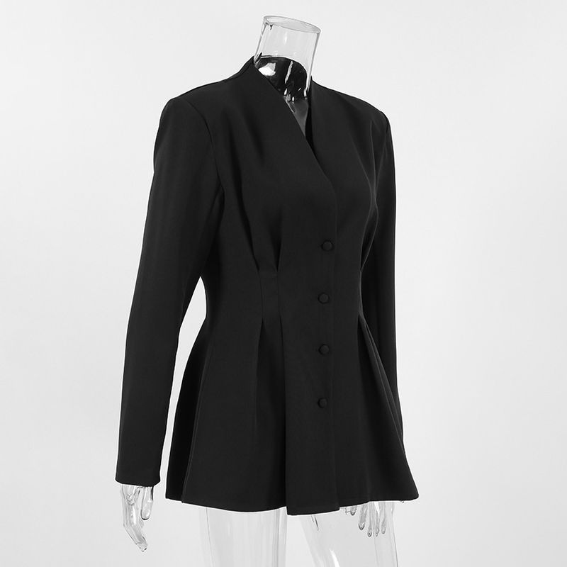 Elegante blazer nero su misura per donna - Giacca da ufficio slim fit con scollo a V e design che stringe la vita_voghion.com