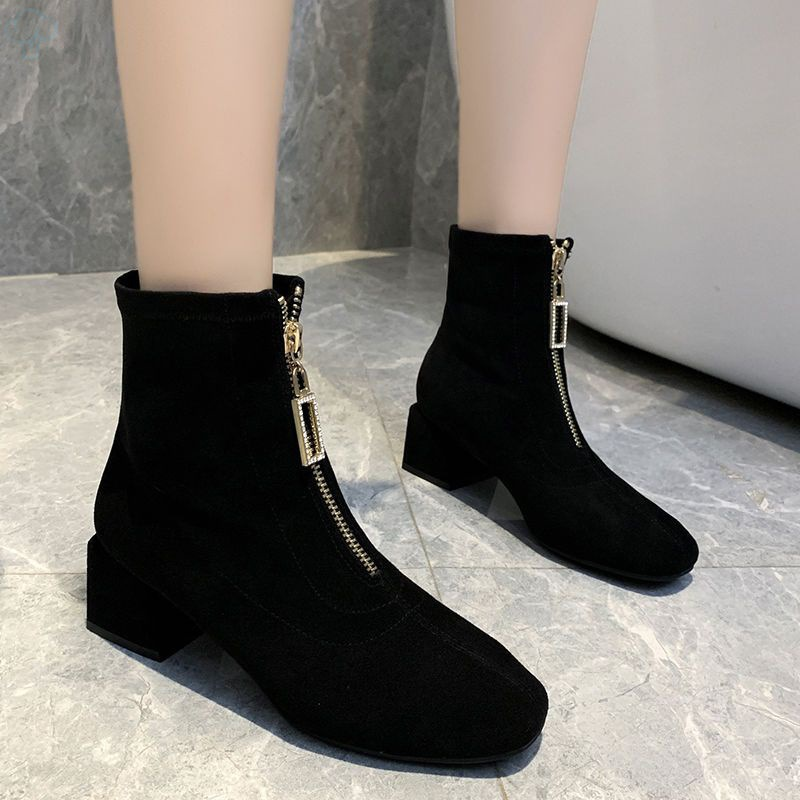 Martin Women's English Style Versatile New Suede Thick Heel Slim Front Zipper Short Boots 2023 Autumn/Winter_voghion.com