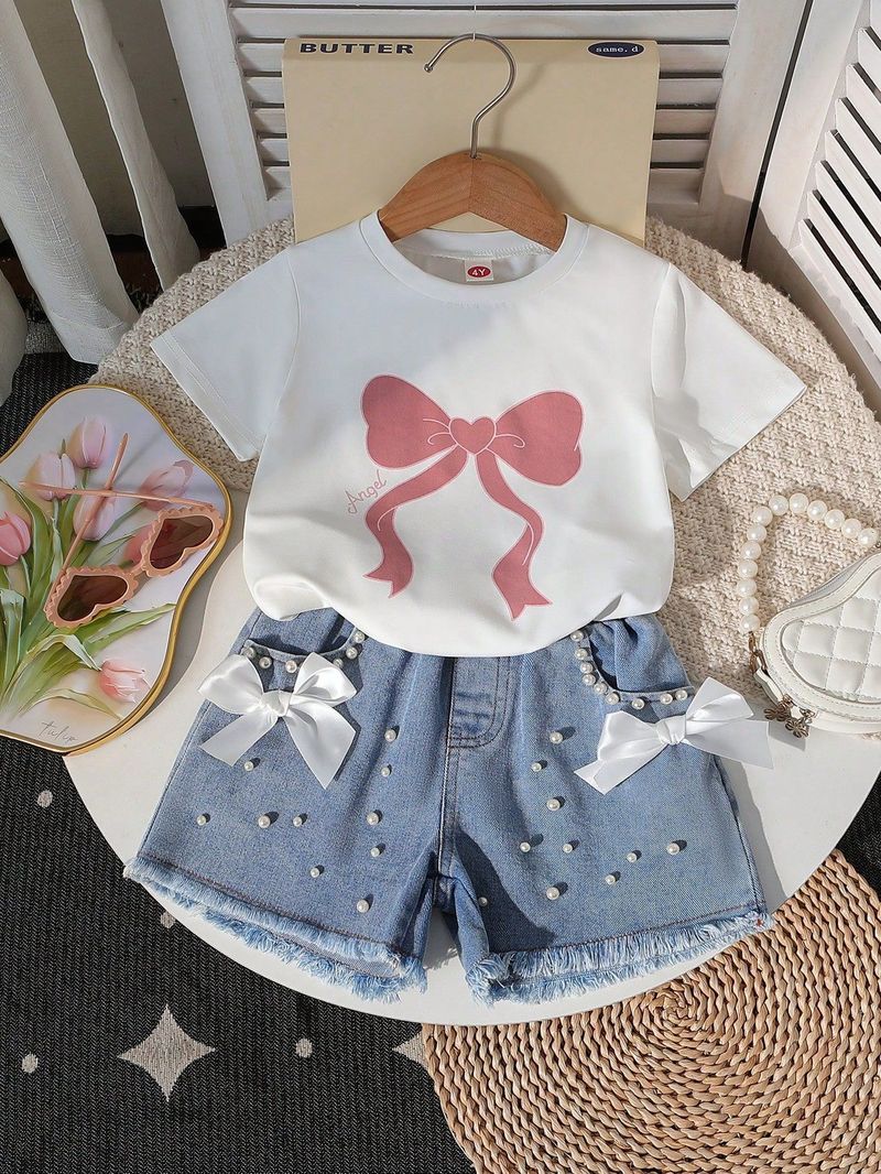 Completo da bambina composto da top in maglia stampato + jeans in denim con fiocco di perline, 2 pezzi – Look casual alla moda (4-7 anni, bianco)_voghion.com