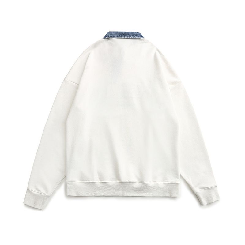 Pullover im amerikanischen Stil mit halbem Reißverschluss und Umlegekragen aus Denim für Herren, lockere Straßenkleidung mit bestickten Buchstaben und langen Ärmeln_voghion.com