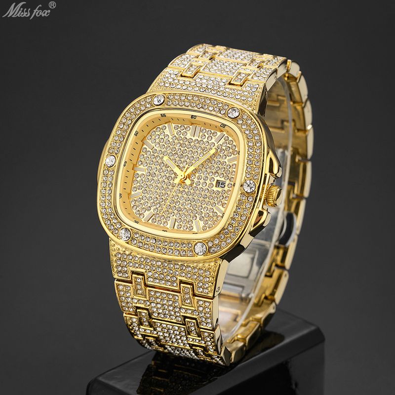 Rap Hip Hop Gold Luminous Square Full Diamond Men's Watch_voghion.com